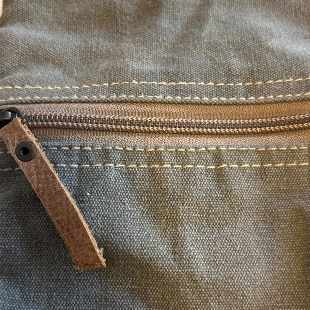 MYRA CROSSBODY BAG DARK GREY/BLUE CANVAS WITH TAN LEATHER TRIM ADJUSTABLE STRAP